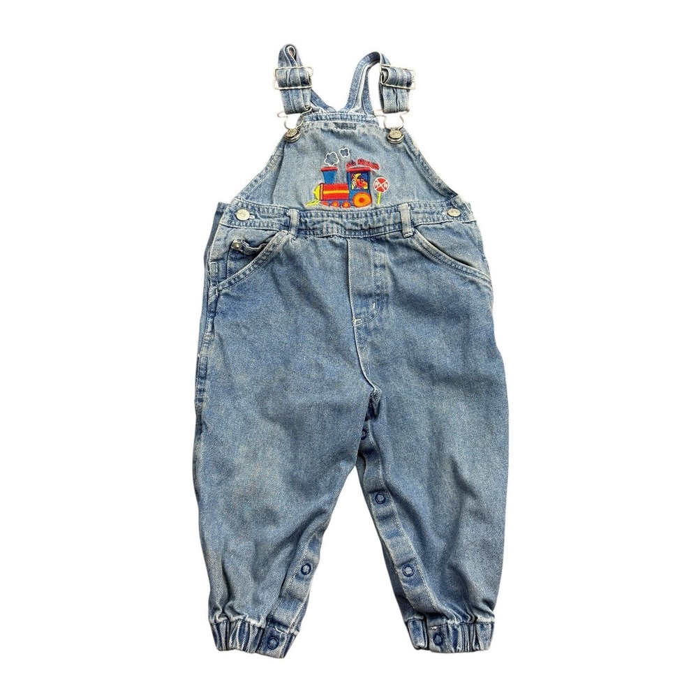 Vintage 90s Sesame Street Denim Bib Overalls Baby 18M Ernie All Aboard Train